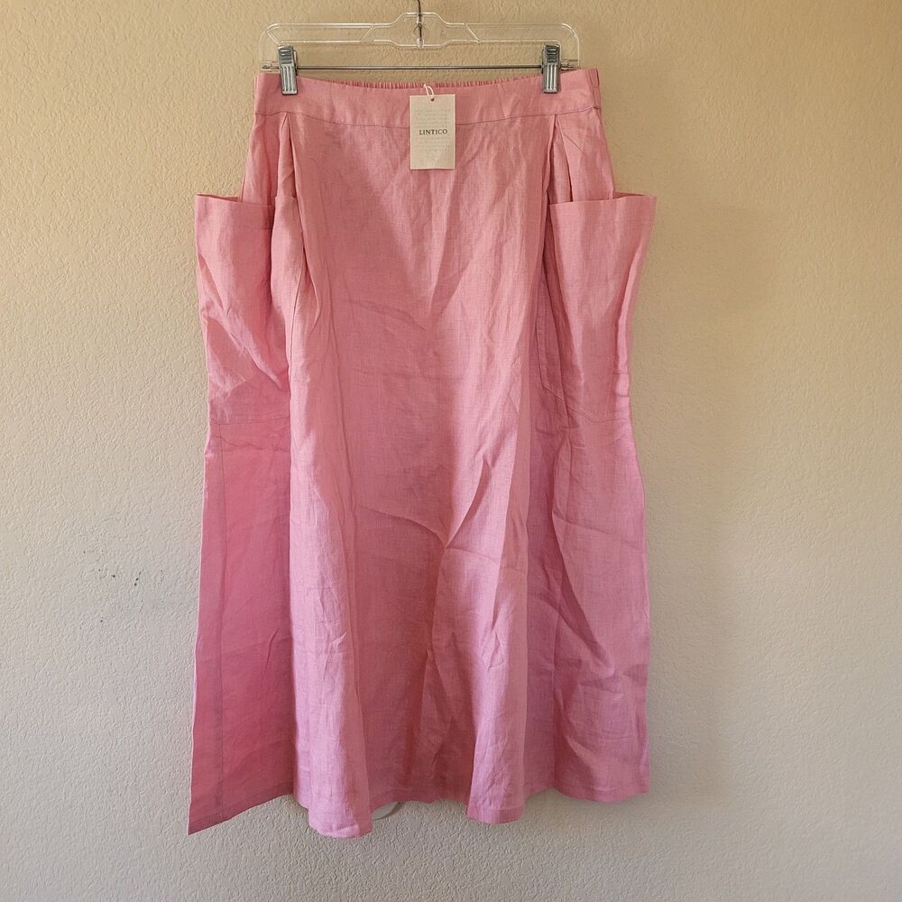 LINTICO 100% Linen A-Line Midi Skirt Sz Large Pink Pull On Elastic Waist Pockets
